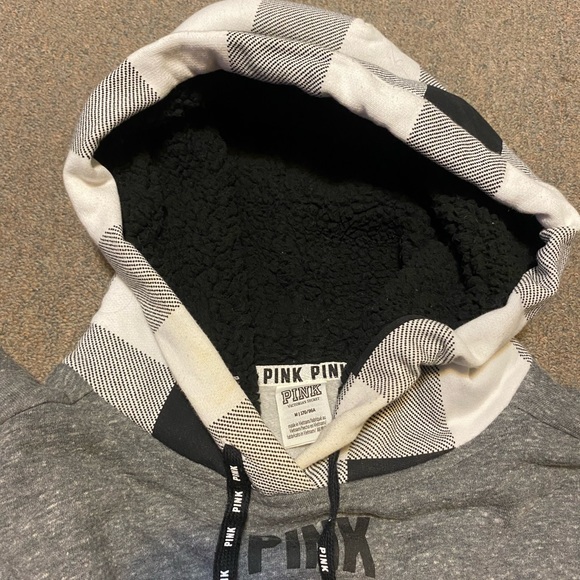 Victorias Secret PINK Hoodie Adult Gray Plaid Sherpa Lined Hood Spell Out Medium - Picture 7 of 9